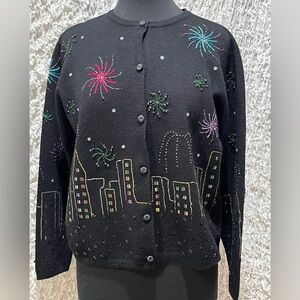 Robert Scott Black Merino Wool VINTAGE EMBELLISHED Y2K, CITY SCAPE CARDIGAN, M